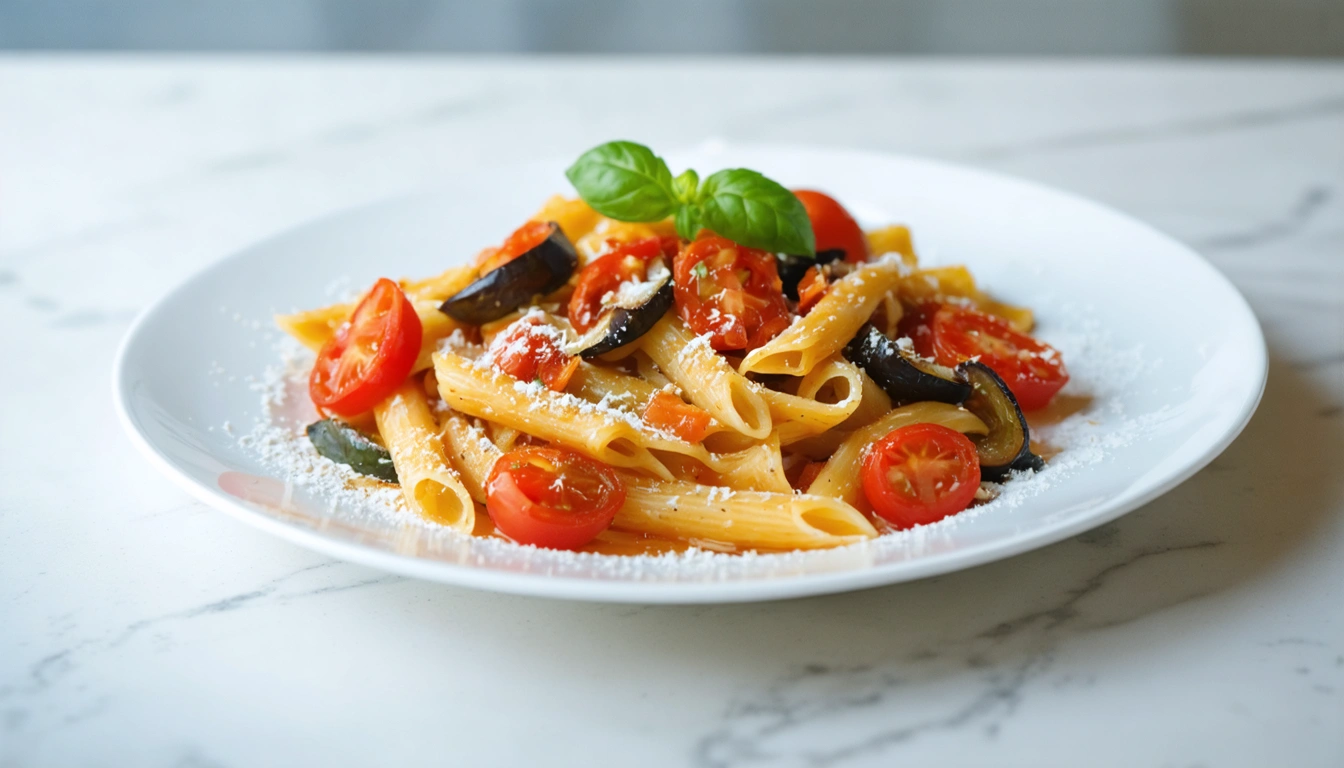 pasta con melanzane e pomodorini